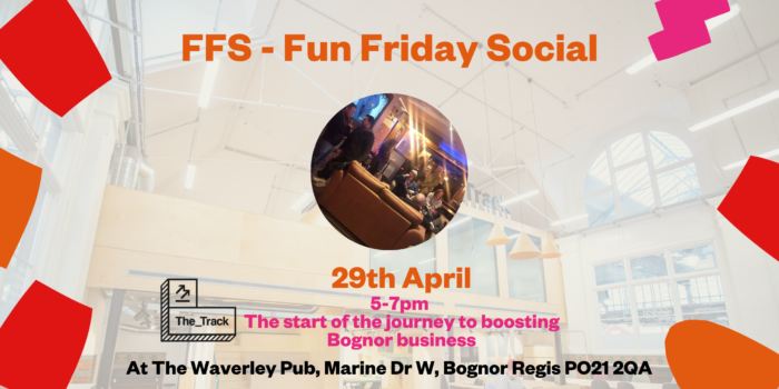 Fun Friday Social's event banner with an image from the event in the middle - pictures is a group of people in a bar setting, holding drinks and networking.