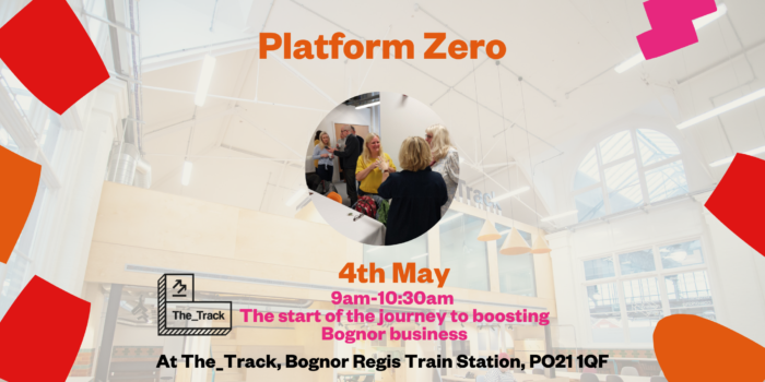 Platform Zero Event Banner with a photo of people stand in groups of 2 and 3 at Platform Zero, talking whilst holding coffees in the centre.