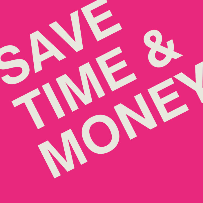 Bright pink graphics with the words "Save time and money" typed in white diagonally across it for The_Track's Free Coworking Fridays campaign